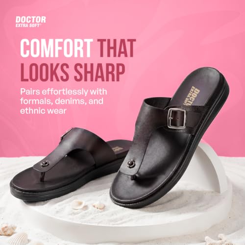 Image of DOCTOR EXTRA SOFT Men's Classic Casual Original Leather Thong Black /Brown Sandals /Chappals with Memory Foam Cushion| Stylish & Non-Slip|Comfortable & Lightweight |Flip flops Slippers Gents & Boys F-3