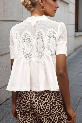 Lace Mesh Blouse for Women Puff Short Sleeve Swing Shirts Mock Neck Ruffle Pleated Elegant Babydoll Tops2