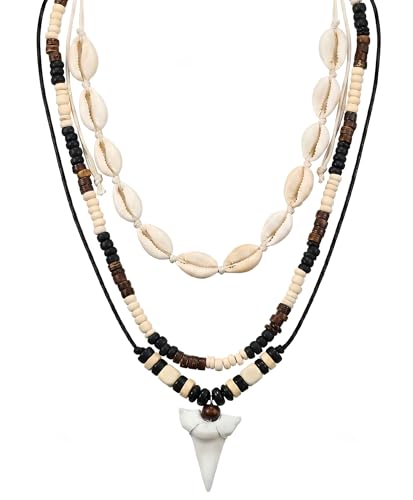 NoctisNest Layered Shark Tooth Necklace - 3 Pcs Unisex Puka Shell Necklaces with Wooden Beads and Seashell Stack for Men and Women Trendy Stuff Beachy Boho Beach Surf Summer Jewelry