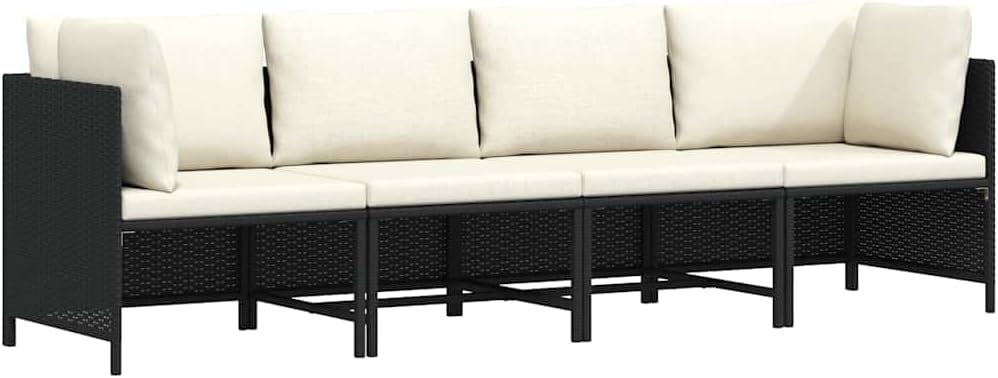 vidaXL 4-Seater Patio Sofa with Cushions - Elegantly Designed, Weather-Resistant PE Rattan Outdoor Seat, Black, Easy to Clean with Removable Covers, Powder-Coated Steel Frame for Extra Stability