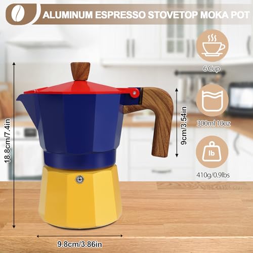 Image of Aluminum 6 Cup 300ml Moka Pot Express Coffee Maker Stovetop Espresso Colorful Coffeemaker Italian Classic Style Brewing Greca Cafe Mocha Machine for Cafeteras Lover Camping Travel and Home Use 10oz