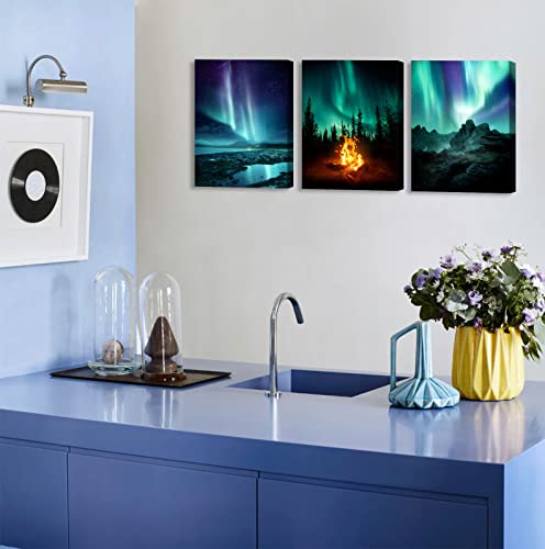 BLINFEIRU Northern Lights Wall Art Set of 3 - Aurora Borealis Canvas Prints, Modern Farmhouse Painting Pictures for Living Room Bedroom Bathroom Wall Decor, Home Office Artwork Framed Ready to Hang