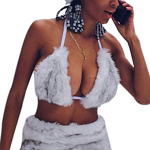 Women Faux Fur Crop Top Triangle Bra Sexy Halter Backless Tank Tops for Rave Festival Clubwear White - Image 3