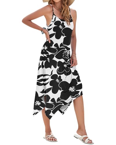 Image of AUSELILY Women's Summer Dresses 2026 Casual Sleeveless Spaghetti Strap Sundress Asymmetrical Midi Dress with Pockets
