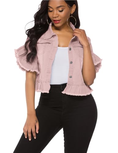 Image of Suvimuga Women's Denim Jacket Button Down Distressed Ruffle Sleeve Crop Jean Jackets Coat