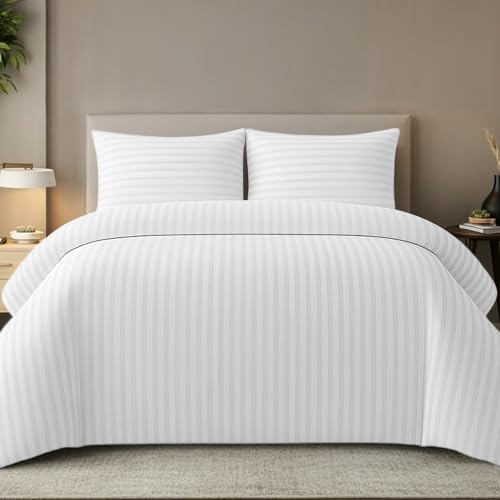 Pamposh Satin Stripe Super King Duvet Set - Premium Hotel Quality Quilt Cover Bedding Sets - Hypoallergenic Ultra Soft Microfiber Bed Linen