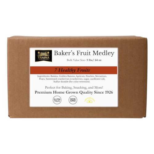 Traina Home Grown Baker’s Dried Fruit Medley - Raisins, Apricots, Peaches, Nectarines, Pears, Sweetend Cranberries - Bulk 5 lb Case, Non-GMO, Gluten-Free- Dried Fruit for Bakeries, Restaurants & Foodservice