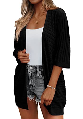 Hotouch Womens Open Neck Lace Sweater Knee Length Swimwear Cover Up Beach Sheer Swimsuit 3/4 Sleeve Chiffon Cardigan Black, Large #TOP14