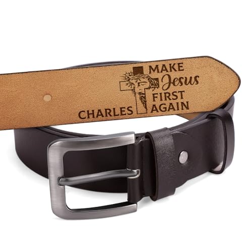 Make Jesus First Again - Personalized Engraved Leather Belt, Engraved Custom Leather Belt with Name, Unique Valentine Gift for Husband Him, Personalized Prayer Belt For Men, Positive Affirmations Belt, Christian Gift Religious Gifts, God Says I Am