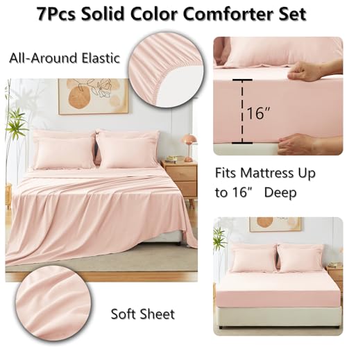 CozyLux Queen Comforter Set Blush Pink, 7 Pieces Bed in a Bag Queen Comforter Set with Sheets, Bedding Sets with Down Alternative Comforter, Fitted Sheets, Flat Sheets, Pillow Shams and Pillowcases