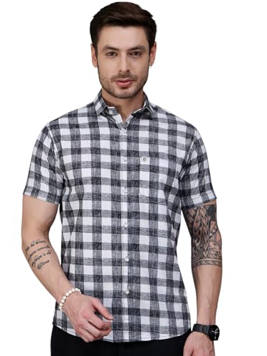 Image of Majestic Man Men Slim Fit Pure Cotton Checkred Half Sleeve Casual Shirt