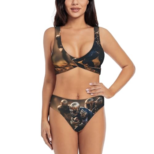 La Mejor Recopilación de Trajes y americanas para Mujer Top 5. 47 Conjunto de bikini deportivo con estampado de fútbol americano para mujer, traje de baño deportivo de dos piezas, traje de baño de playa S-XXL, Negro, L