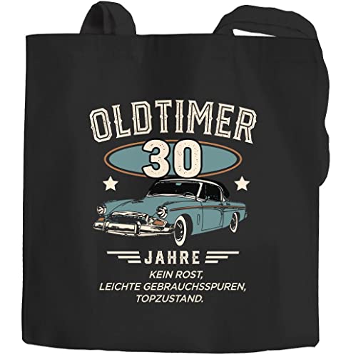 Sac en toile de jute voiture vintage noir 2 longues anses pour anniversaire 30 ans
