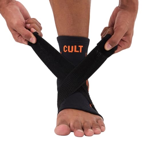 Image of CULT Ankle Support with Elastic Strap | For Ankle Pain Relief | Stretchable Ankle support for Sports | Adjustable Free Size | Black Orange