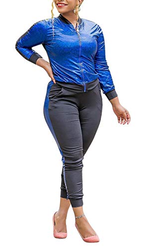 Aro Lora Womens Plus Size 2 Piece Outfit Color Block Zipper Jacket Suit Bodycon Pant Set X-Large Blue