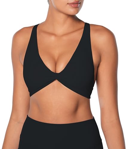 Sunzel Women's V-Neck Twist Sports Bra Low Impact with Removable Pads Cross Backless Straps Going Out Casual Padded Bralette