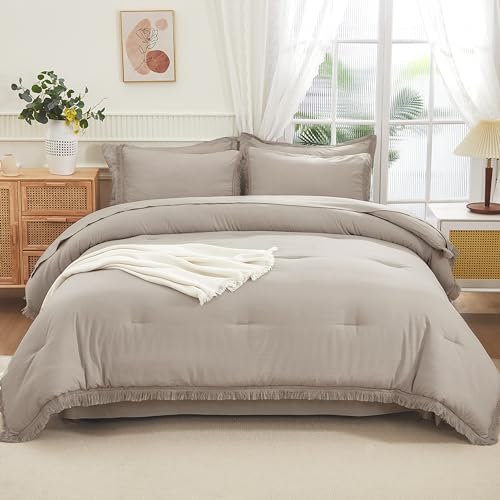 Image of Andency Wheat Full Size Comforter Set with Sheets - 7 Pieces Boho Tassel Bed in a Bag Soft Lightweight Bedding Sets, Wheat Fringe Bed Set with Comforter, Sheets, Pillowcases & Shams