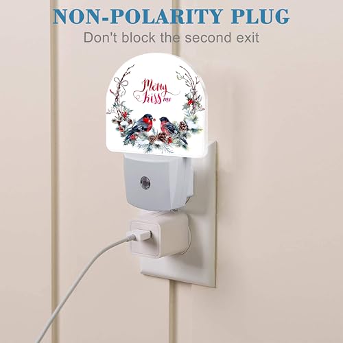 Image of Plug in Night Lights Watercolor Christmas Wreath with Bullfinches Nightlight Plug Into Wall Dusk to Dawn Sensor LED Night Light for Kid Girls Boys Room Decor,Hallway,Kitchen,Bathroom,Nursery