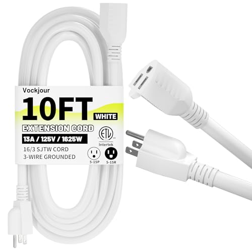 10 Ft 13A 1625W 16AWG White Indoor Outdoor Extension Cord Waterproof Extension Cord with 3 Prong Grounded Plug Flexible Weatherproof Power Cable SJTW