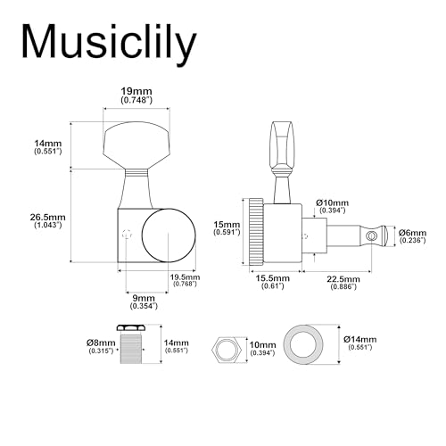 Musiclily Pro 6-in-line 15:1 Ratio 1-Pin Full Sealed Locking Machine Heads Tuners Tuning Pegs Keys with Hex Button for SQ Strat Tele Style Electric Guitar Gold - Image 2