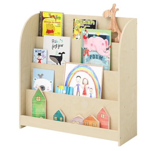 Bellabino Baru Bücherregal Kinder – Montessori Bücherregal mit 4 Breiten Fächern – Kinder Bücherregal aus Holz – offenes Kinderregal in Natur – Kinderzimmer Möbel 88x30x80 cm (HxTxB)