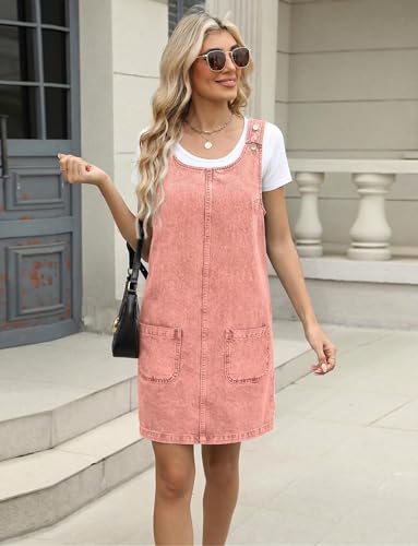 Image of Xaspee Denim Overall Dress for Women Casual Mini Sleeveless Jean Vintage Jumper Skirt Dress with Pockets
