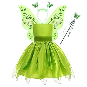 Odizli Tinkerbell Kostüm Mädchen Kinder Prinzessin Tüllkleid+Schmetterlings Feenflügel+Zauberstab+Haarr... Weihnachten Karneval Verkleidungskiste Verkleidung Faschingskostüme Grün-Kurz 5-6 Jahre