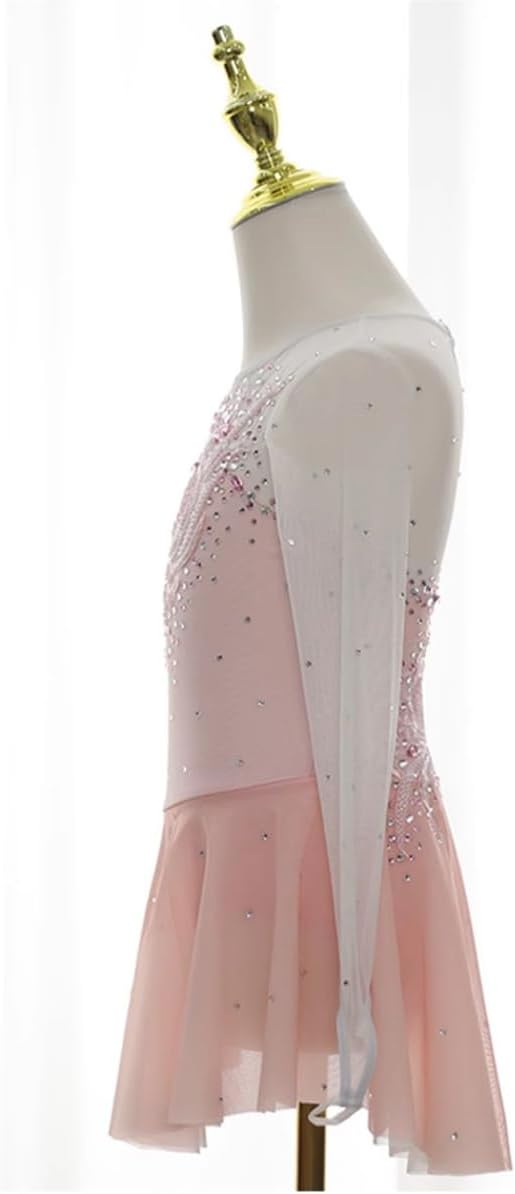 Women's Winter Full Diamond Figure Skating Suit Pink Long Sleeves Gymnastic Leotard Roller Skating Dance Costume