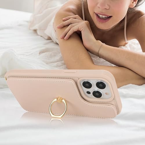 Image of for iPhone 13 Pro Max /iPhone 12 Pro Max Case with Card Holder for Women,Crossbody Strap Lanyard,Credit Card Holder,Ring Stand,Snap Clasp,Wallet Case 6.7 inch (Beige)