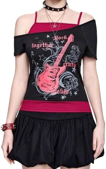 Y2K Baby Tee Emo Grunge Shirts Vintage Y2k Crop Top Goth Clothes Fake Two Piece Short Sleeve