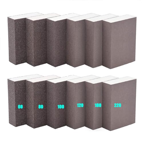 Ylinwtech 12 Pezzi Spugna Abrasiva, Set Di Blocchi Abrasivi Per Legno,Grane Spugna Abrasiva,Specifiche Della Grana 60/80/100/120/180/220 Per Legno, Artigianato, Cartongesso, Metallo, Ceramica