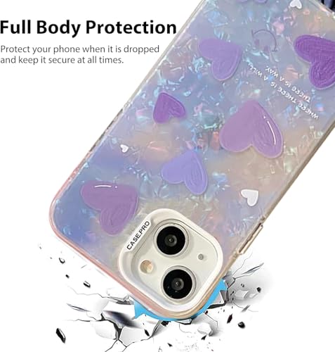 Image of mobistyle Designed for iPhone 14 Cover Cool Shining Shell Love Heart Pattern Design with TPU Edges Phone Back Cover Case for Girls Women (Bling Heart Purple)