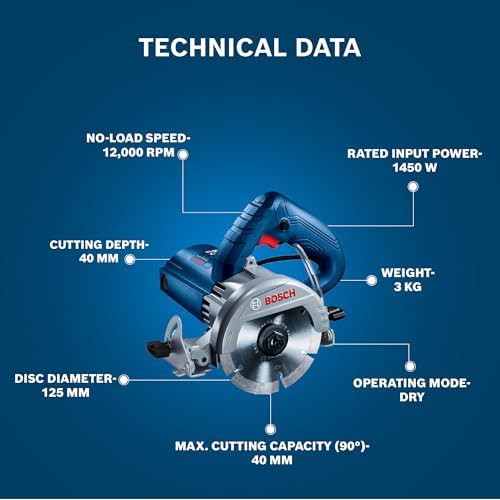 Bosch GDC 141 Electric Tile Cutter with Cable 1.450W 125mm Disc Diameter 12000RPM Double Insulation Overload Capacity 3kg + Hex Key and Wrench