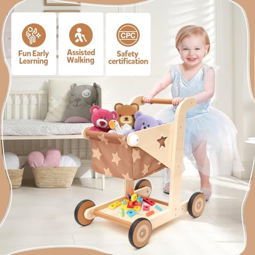 Asweets 2-in-1 Lauflernwagen Holz, Puppenwagen zum Schieben und Ziehen, Baby Walker, Kleinkindspielzeug, Geschenk für Kleinekinder ab 12 Monate+ (Braun)