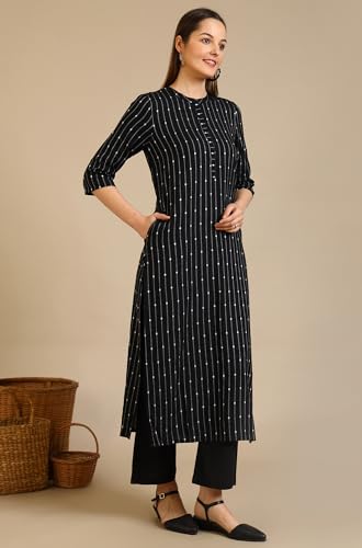 Image of Aurelia Women's Black Yarn Dyed Striped Straight Kurta