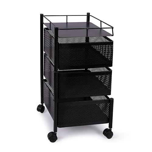 Image of KITCHIVO Kitchen Storage Rack | Revolving Vegetable Rack | Square Multipurpose Storage Trolley with Wheels | Metal Fruit Rack (Black, 3 Layer)