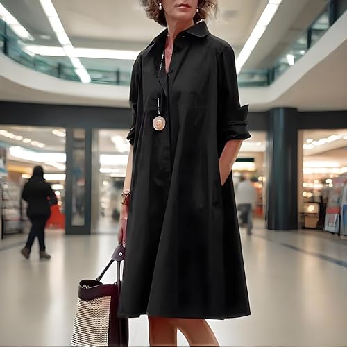 Womens 2025 Long Sleeve Button Down Shirt Summer Dress Casual V Neck Loose Fit Midi Shirt Dresses with Pockets4