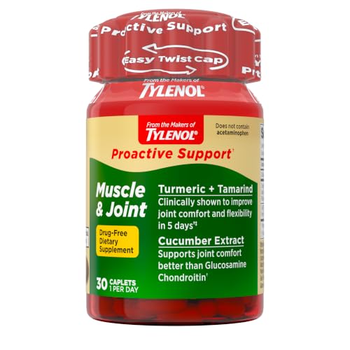 Tylenol Proactive Support from, Muscle and Joint Supplements for Women and Men, Drug Free, Tamarind, Turmeric, Cucumber Extract to Improve Joint Comfort and Flexibility, 30‑Count, 1‑Month Supply