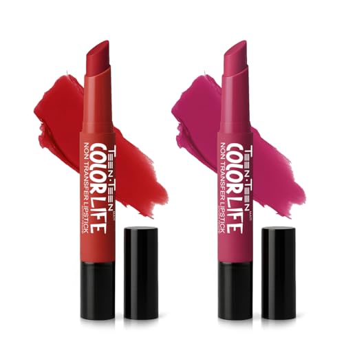 Image of TEEN TEEN Color Life Nontransfer Crayon Lipstick |Matte Finish with Built-in Primer |Waterproof & Long Lasting Lip Color |Smudge-Proof, Fade-Resistant Formula |Combo Color (Regal Red, Rose Pink)