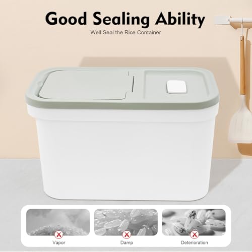 DHQCQL Futtertonne Reisbehälter 10KG, Futterbehälter mit Reistasse, Futteraufbewahrung für Hunde, Reisspender für Reis, Mehl, Cornflakes, Hundefutter, Katzenfutter, 22 * 38 * 23cm, Grün