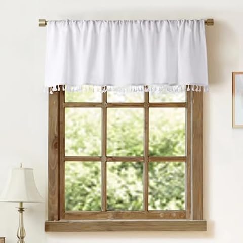 Faux Linen Tassel Kitchen Valances for Windows Modern Farmhouse White Valance Curtains Topper Country Rustic Bathroom Small Window Treatment Boho Decor (54x15 inch, White Tassels) Cover