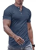 JMIERR Mens Muscle Slim Fit Button Henley Shirts Summer Crewneck Short Sleeve Longline Fitted T-Shirt Gym Workout Athletic Tee Shirt for Men, XL, Blue1