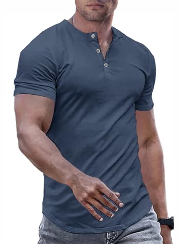 JMIERR Mens Muscle Slim Fit Button Henley Shirts Summer Crewneck Short Sleeve Longline Fitted T-Shirt Gym Workout Athletic Tees Shirt for Men, L, Blue1