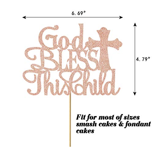 Glorymoment God Bless this Children Cake Topper, Rose Gold Glitter Baptism Cake Toppers for Girl Boy Christening, First Communion Baby Shower - Handmade (6.7'' x 4.8'')