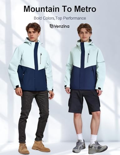 Image of Venzina Men's Waterproof Rain Jacket-Lightweight Windbreaker with Color Block Design, Breathable for Urban Outdoor, Daily Commuting I Fashion Unisex Couple Jacket