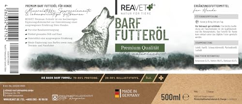 TESTURTEIL SEHR GUT 05/24 ReaVET Profi Futteröl 500ml Hunde, 1.Kaltpressung - Barföl, Futteröl kaltgepresst Hund, hochwertige & perfekte Mischung, Barf Zusatz für Hunde I natürlich & artgerecht