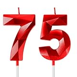 Yiran Velas de cumpleaños rojas 3D, velas de cumpleaños con números 75, decoración para tartas, velas de cumpleaños para decoración de cumpleaños, decoración de tartas para hombres, mujeres