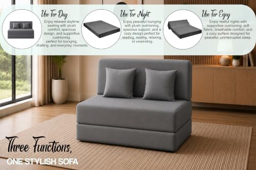 Image of Sofa Cum Bed with Jute Fabric, Convertible Two Seater Sofa Bed 4x6 Ft, Comfortable Cushioned Seating, Space Saving Design for Living Room, Bedroom & Guest Room - Grey Color