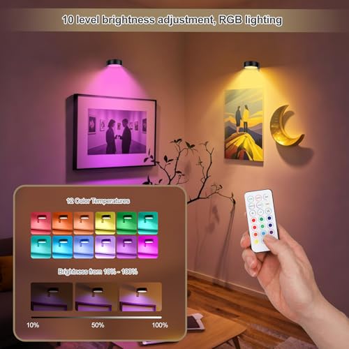 3 Stück Bilderleuchte Kabellos - mit Fernbedienung, 13 RGB-Farben, einstellbare Lichthelligkeit, LED Magnetisches akku wandleuchte, bilderleuchte für Bilder, Kunst, Poster, Picture Lights for Wall