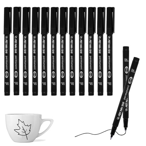 12 Pcs Permanent Marker Pens Black 0.6mm Fine Tip Markers Quick Drying & Waterproof Fineliner Pens Felt Tip Pen for Doodling & Marking on Plastic Wood Metal Glass Ceramic Paper